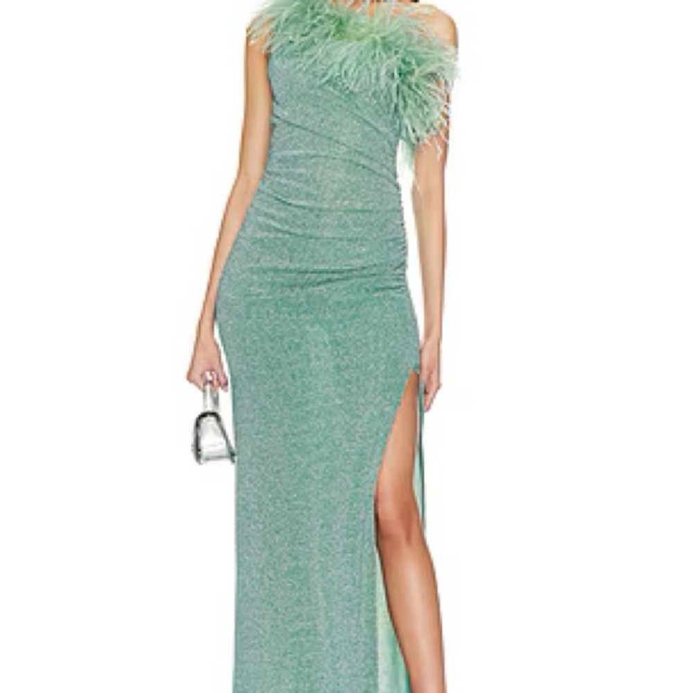 Oseree Mint One-Shoulder Dress with Feather Detail